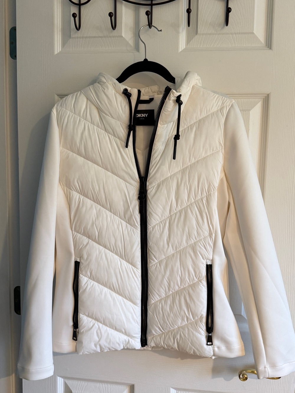 DKNY White Quilted Hooded Bomber Jacket with Black Trim